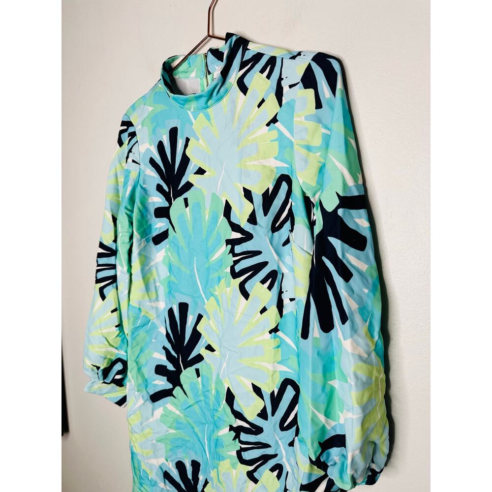 SAIL TO SABLE Blue Palm Tree High Neckline Mock Neck Mini Dress Size 8 - Picture 6 of 15